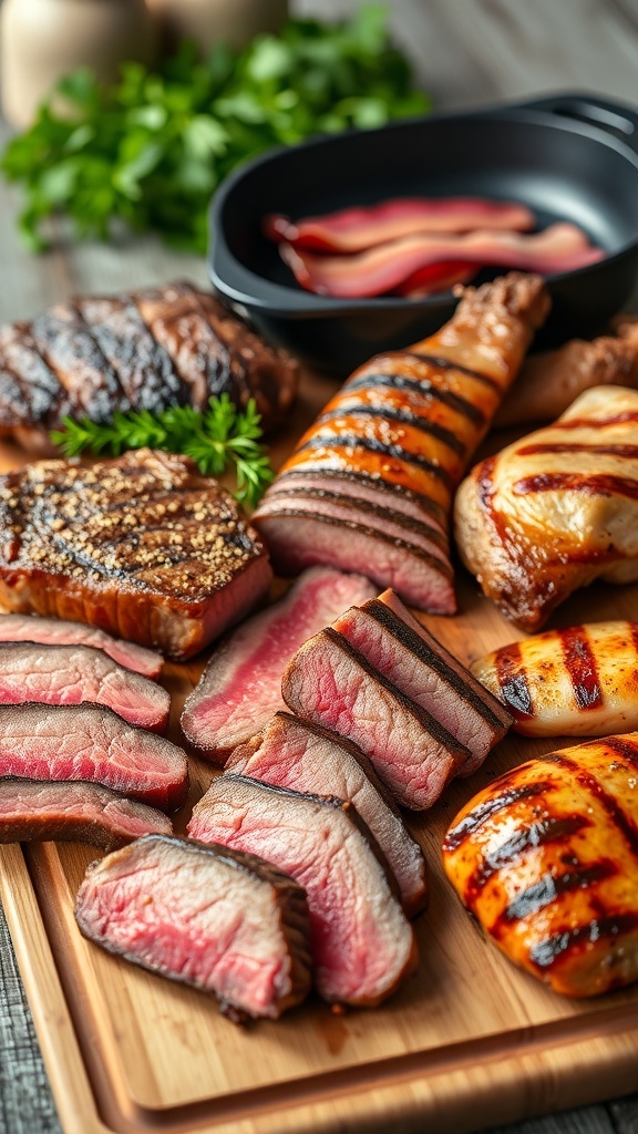 Carnivore Diet Meal Plan An assortment of cooked meats including steak, bacon, and chicken on a rustic cutting board.